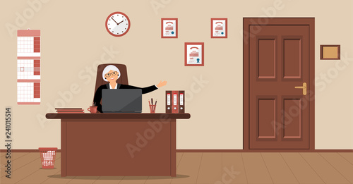 An elderly elegant secretary woman sitting in the workplace in a reception area on a cream background.Vector illustration.Wall 
 calendar,cup of coffee,notebook,door into cabinet of director,diplomas