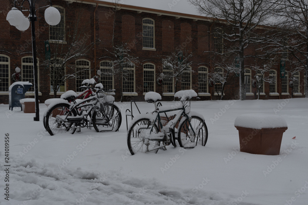 Bicycles in bike rack in snow