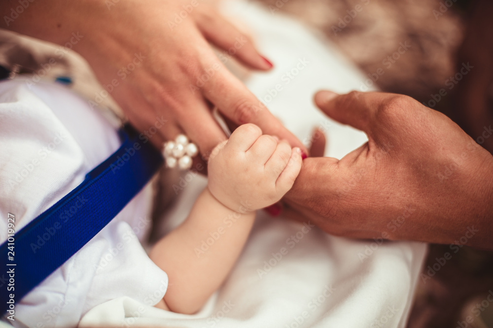 Family Baby Hands. Father and Mother Holding Newborn Kid. Child Hand Closeup into Parents