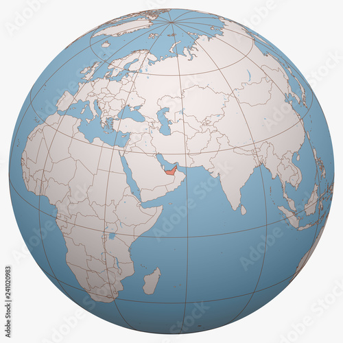 United Arab Emirates (UAE) on the globe. Earth hemisphere centered at the location of the United Arab Emirates. United Arab Emirates map.