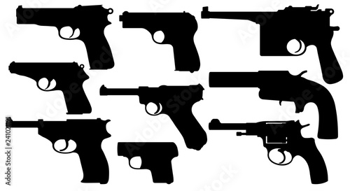 Vintage pistols. Collection of gun. Weapons of the Second World War. Set of Silhouette Vector