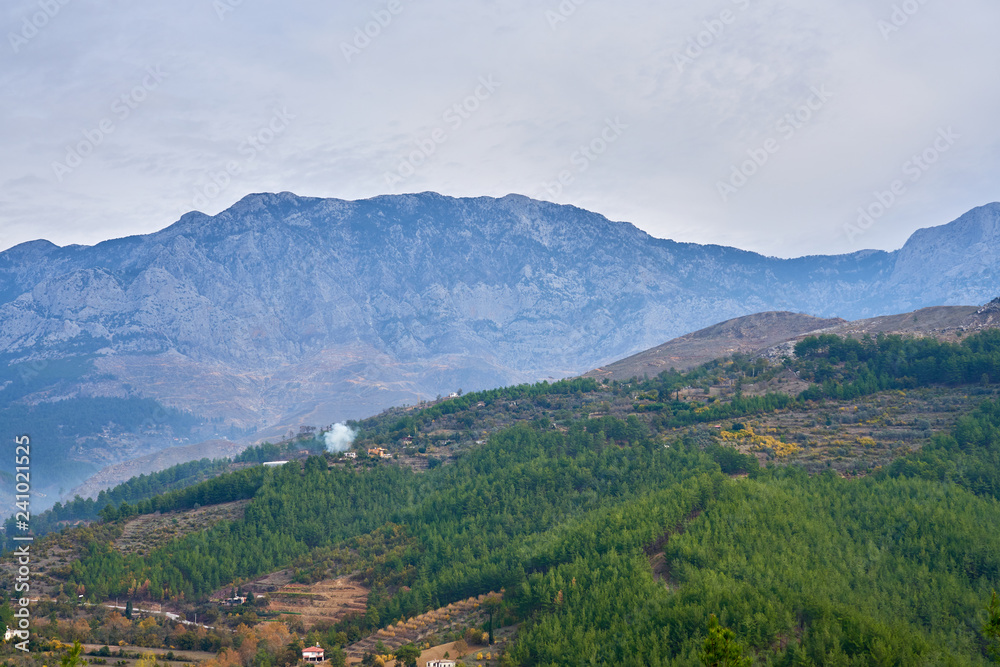 Mountains near Alanya, Turkey under a cloudy sky.  