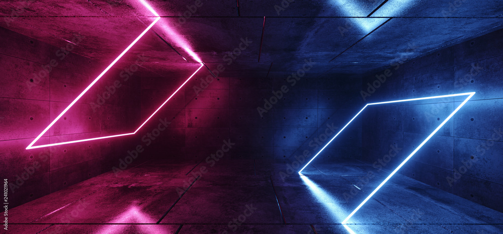 Sci Fi Neon Abstract Purple Blue Pink Glowing Rectangle Tube Shapes Lasers In Dark Empty Grunge Concrete Room Background Reflections 3D Rendering