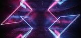 Sci Fi Neon Abstract Purple Blue Pink Glowing Rectangle Tube Shapes Lasers In Dark Empty Grunge Concrete Room Background Reflections 3D Rendering