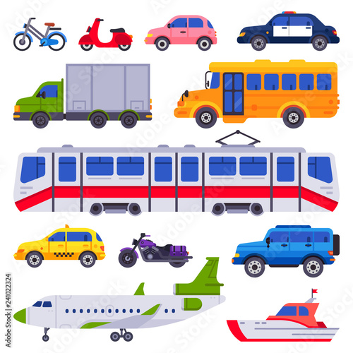 Public transport. Taxi car vehicle, city train and urban transporter isolated cars vector collection