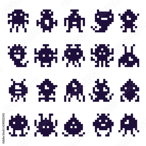 Pixel art invaders silhouette. Space invader monster game, pixels robots and retro arcade games isolated vector icons set photo
