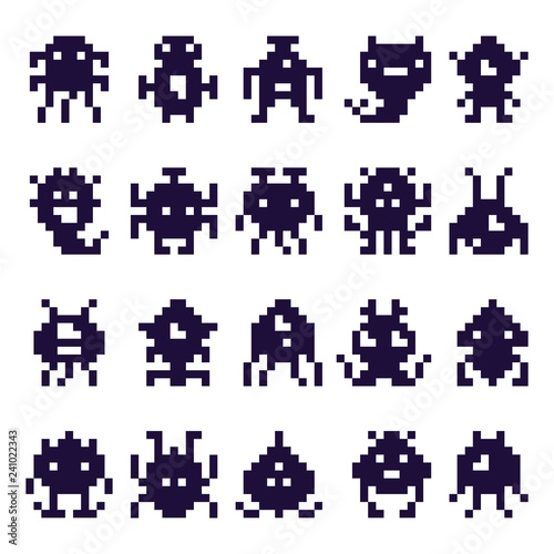Pixel art invaders silhouette. Space invader monster game, pixels robots and retro arcade games isolated vector icons set