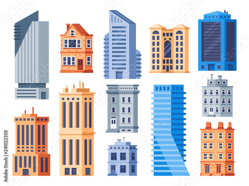 City buildings. Urban office exterior, living house building and apartment house isolated vector icons set
