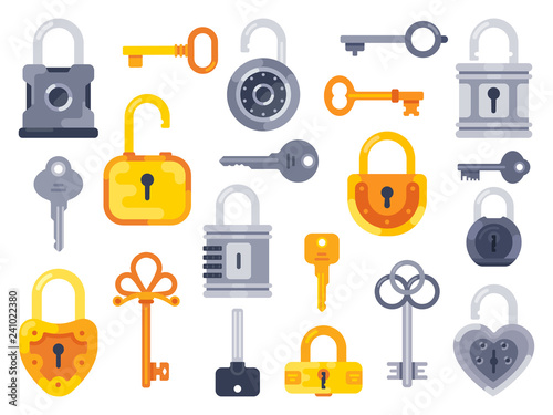 Lock with keys. Golden key, access padlock and closed safe padlocks isolated flat vector set