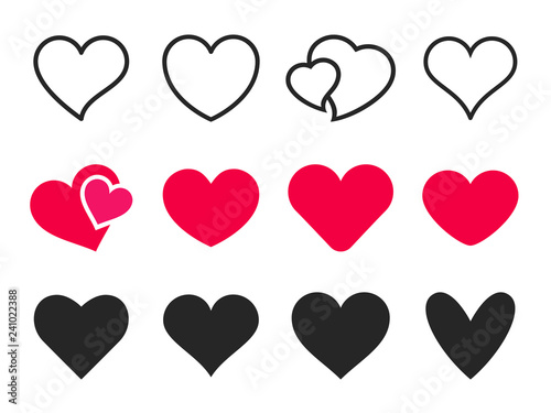 Love heart icon. Loving hearts, red like and lovely romance outline vector icons set