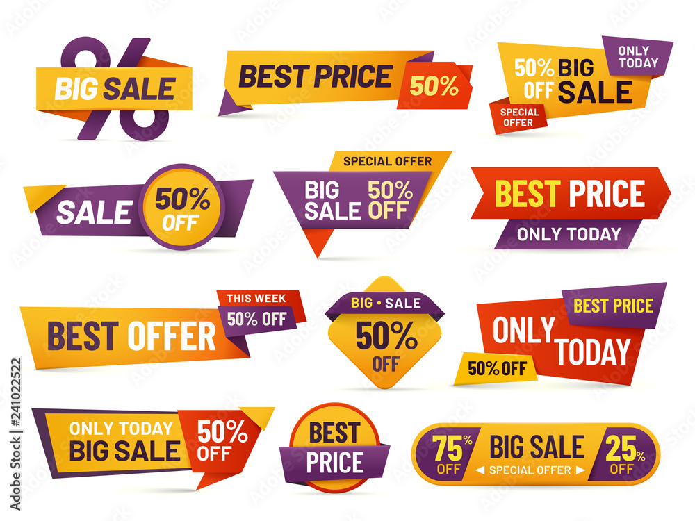 Retail sale tags. Cheap price flyer, best offer price and big sale pricing tag badge design isolated vector collection