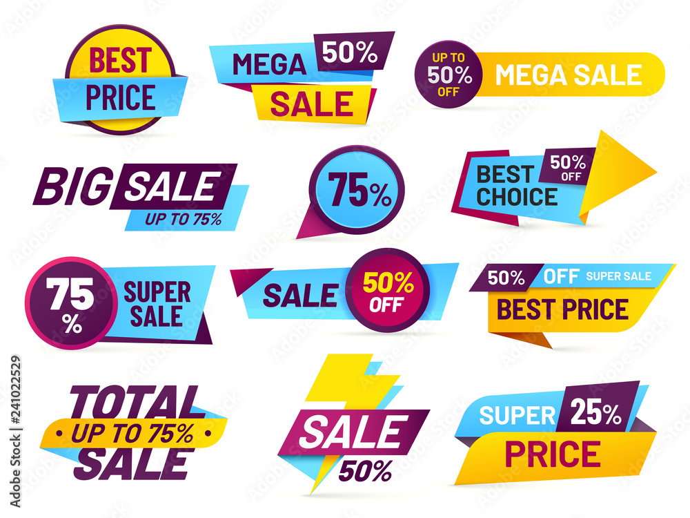 Sale tags. Retail sales stickers, promotion price label and store pricing  banner sticker isolated vector set Stock Vector | Adobe Stock