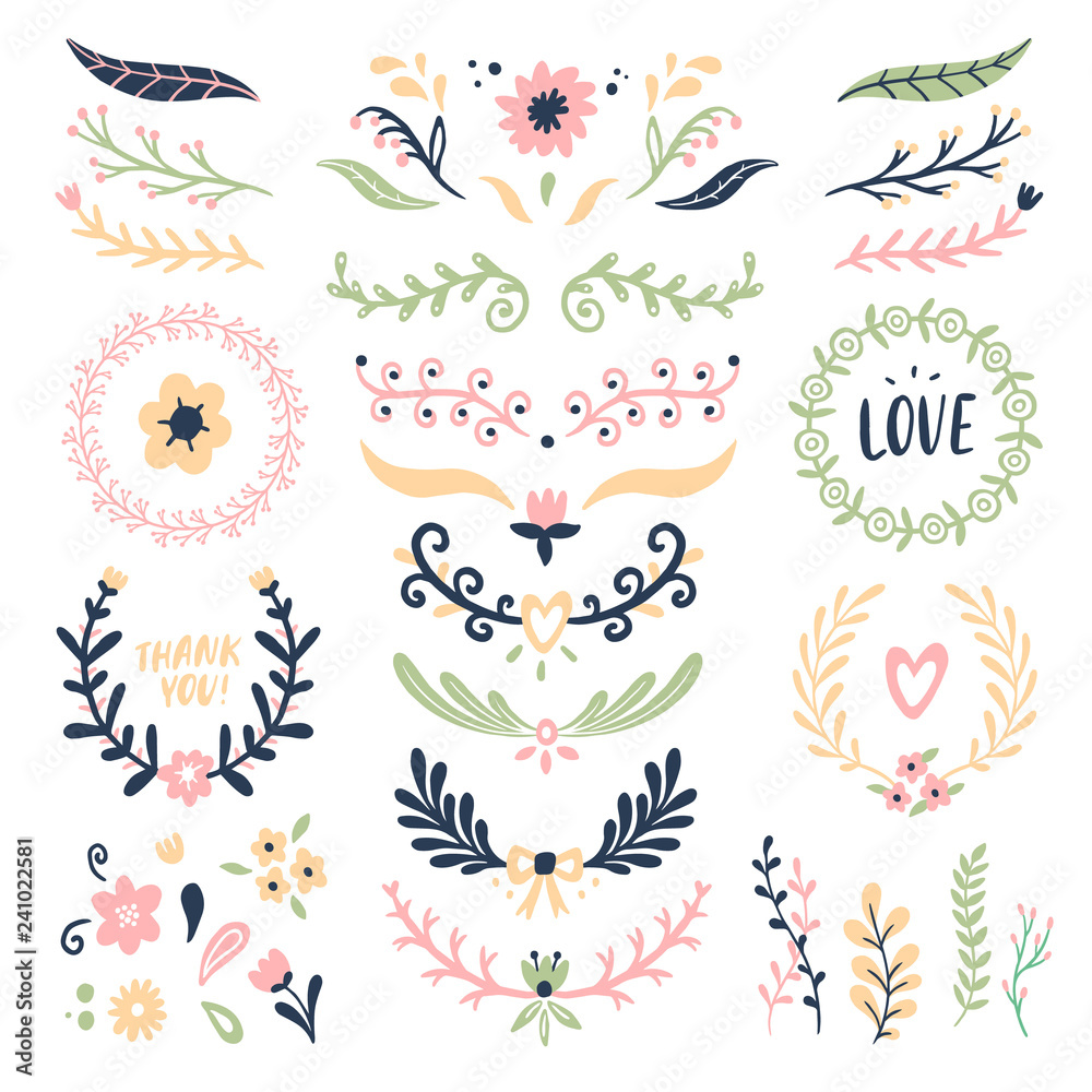 Floral ornament wreath. Retro flower swirl banner, wedding card flowers garland frames and ornamental dividers isolated vector set