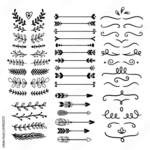Flower ornament dividers. Hand drawn vines decoration, floral ornamental divider and sketch leaves ornaments isolated vector set
