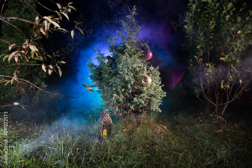 Christmas and New Year decoration on the pine tree branch with lights at the background at night outdoors. Concept of winter holidays.