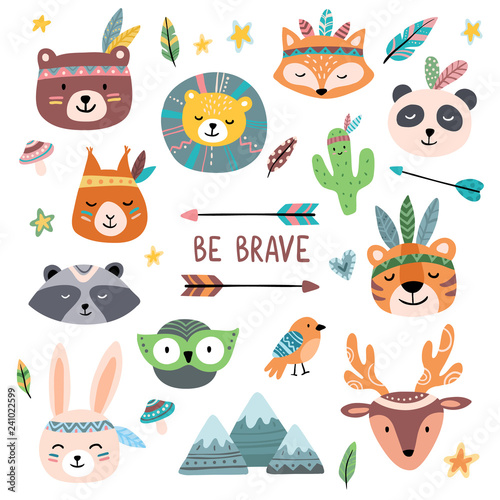 Fototapeta Naklejka Na Ścianę i Meble -  Funny tribal animals faces. Wild woodland zoo, cute animal with tribals face painting isolated cartoon vector set