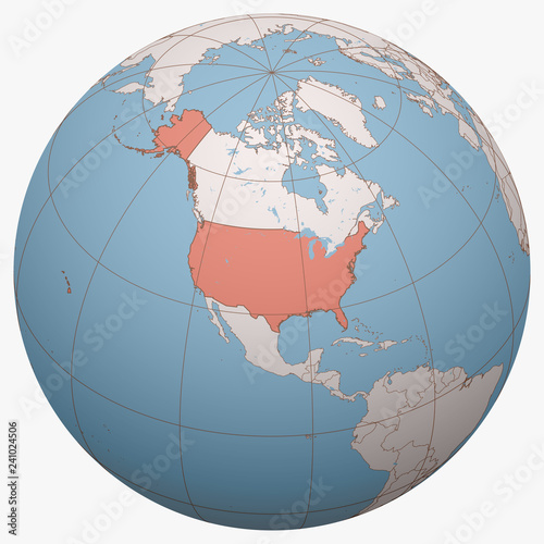 United States (US, USA) on the globe. Earth hemisphere centered at the location of the United States of America. United States map.