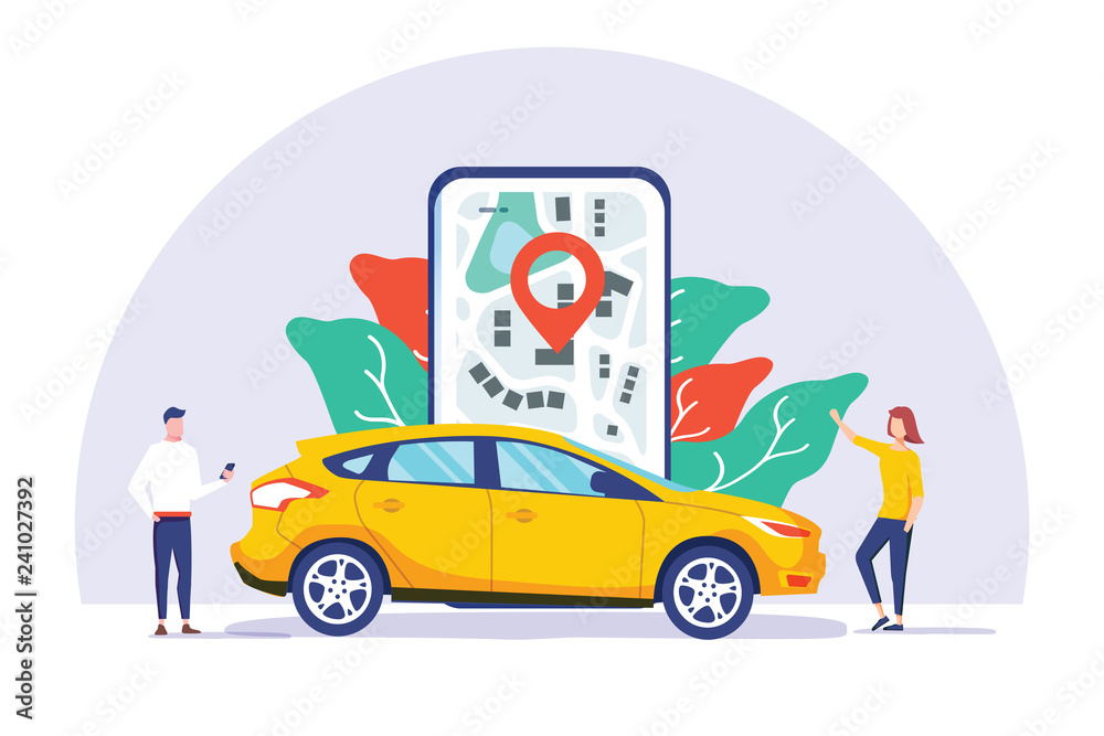Online car sharing vector illustration concept, mobile city transportation  with cartoon character and use smartphone Stock Vector | Adobe Stock