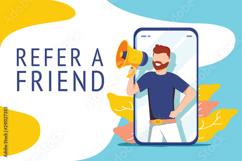 Refer a friend vector illustration concept, people shout on megaphone with refer a friend word, can use for landing page