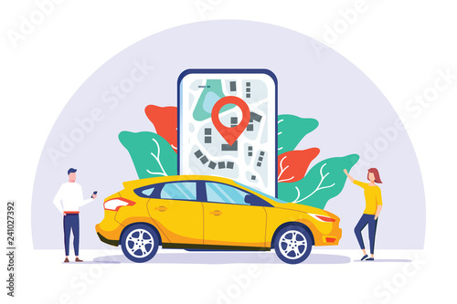 Online car sharing vector illustration concept, mobile city transportation with cartoon character and use smartphone