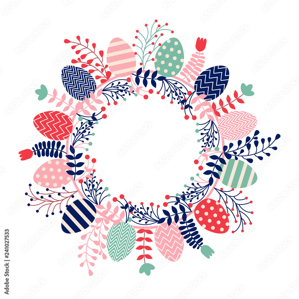 Easter and Spring festive wreath flat design icon isolated on white background. Natural holiday wreath decorated with colored eggs, flowers and different botanical elements.