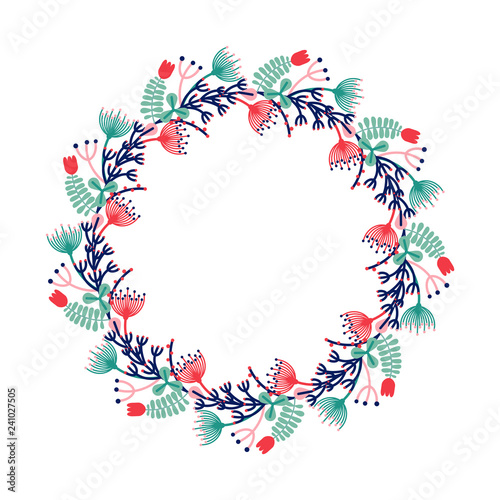 Easter and Spring festive wreath flat design icon isolated on white background. Natural holiday wreath decorated with plants, flowers and different botanical elements.