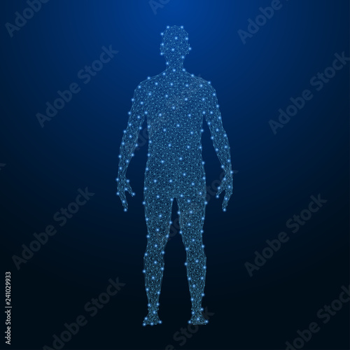 Human body made by points and lines, polygonal low poly wireframe mesh on night sky, dark blue background. Vector illustration.