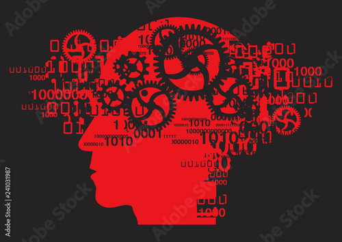 Red male head,burnout syndrome concept.
Illustration of Stylized silhouette of Man with gear and binary codes.Vector available.