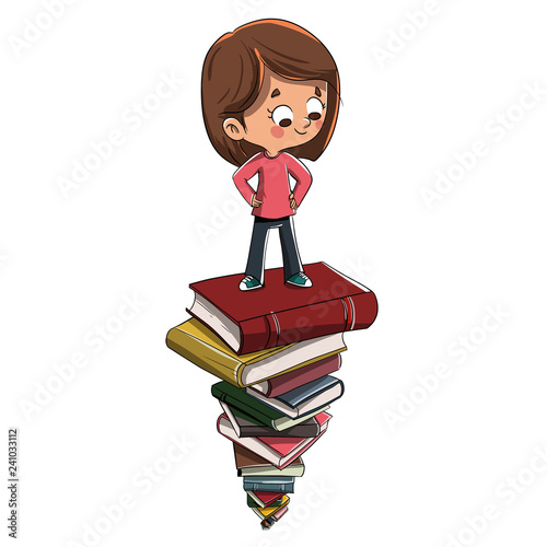 Niña sobre montón de libros