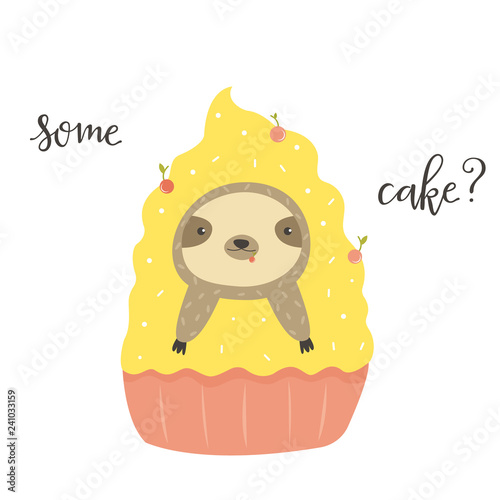 Funny cute sloth in cake. Postcard, poster, invitation design.