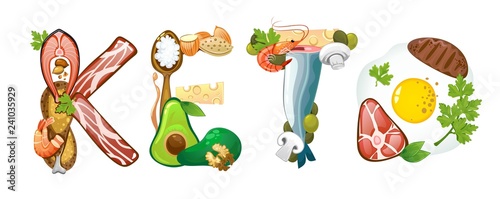 Keto inscription made of ketogenic diet food isolated on white backround. Vector illustration