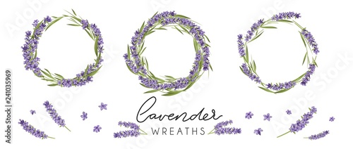 Set of cute lavender wreaths. Provence style floral design. Vector lavender flowers isolated on white background﻿