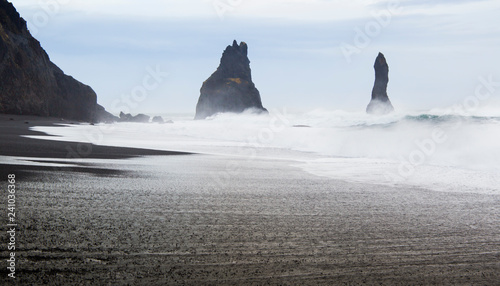 Reynisdrangar sea stacks on Reynisfjara black sand beach near Vik, Iceland