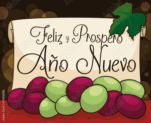 Scroll with Greetings and Grapes for New Year in Spanish, Vector Illustration