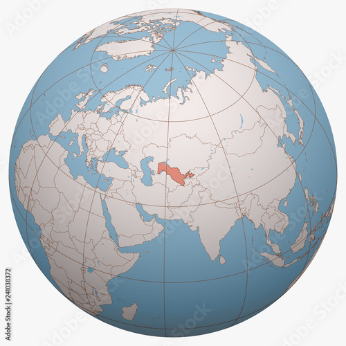 Uzbekistan on the globe. Earth hemisphere centered at the location of the Republic of Uzbekistan. Uzbekistan map.