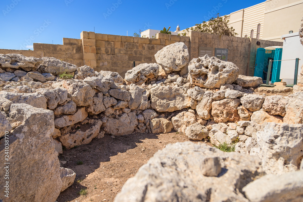 Mgarr, Malta. The ruins of the prehistoric temple of Ta ’Hajrat, 3800 - 3200 BC. UNESCO World Heritage List