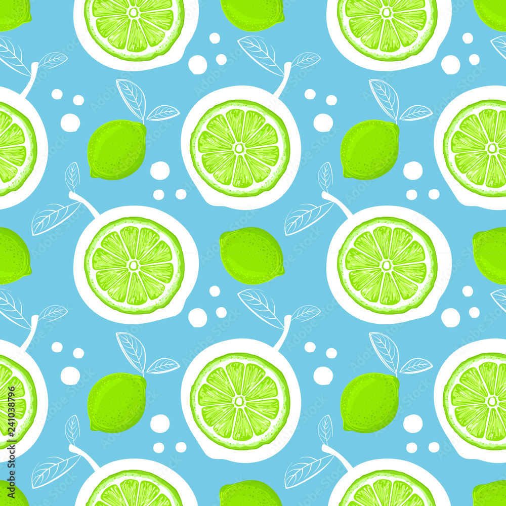 Lime seamless pattern. Sketch limes. Citrus fruit background. Elements for menu, greeting cards, wrapping paper, cosmetics packaging, posters etc Lime seamless pattern. Sketch limes. Citrus fruit background. Elements for menu, greeting cards, wrapping paper, cosmetics packaging, posters etc