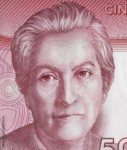 Gabriela Mistral portrait on Chile 5000 peso banknote close up. Chilean poet, 1945 Literature Nobel Prize winner.