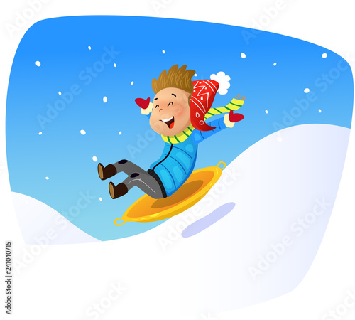 Cartoon kid rolling down the mountain slope on sled