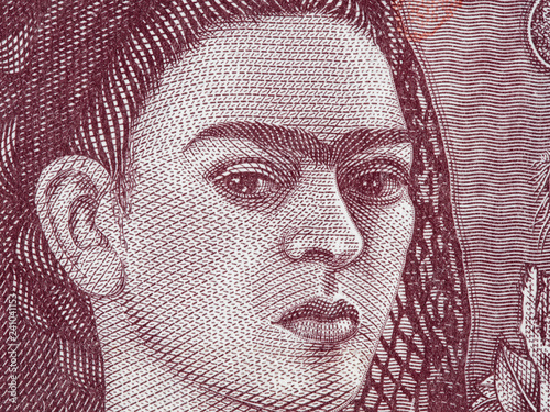 Frida Kahlo portrait on Mexico 500 peso bill, extreme macro. Famous Mexican artist, Icon of Feminism. photo