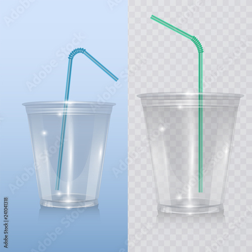 Realistic plastic cup for milkshake and lemonade and smoothie. Vector eps 10 Illustration on transparent background.