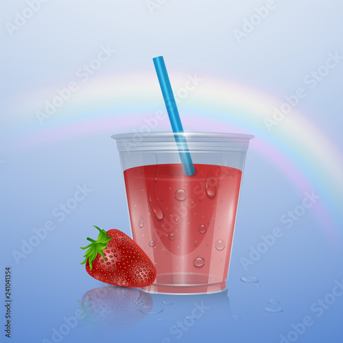 Fruit smoothies mockup, smoothie cup isolated on transparent background, 3d illustration. Realistic plastic Cup with strawberry smoothie, vector illustration