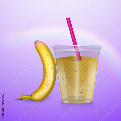 Realistic banana juice in a plastic Cup. Vector illustration with banana and Cup of juice