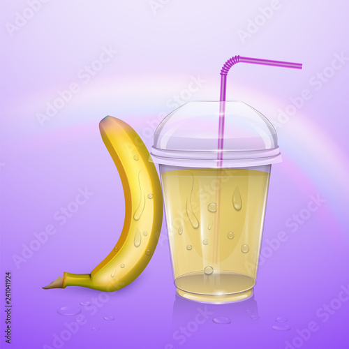 Realistic banana juice in a plastic Cup. Vector illustration with banana and Cup of juice