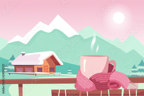 Pink Teacup tied with magenta scarf on table isolated on background of mountain view. Warm and cozy winter. Cafe in ski resort overlooking chalets and mountain peaks, slopes. Flat cartoon illustration