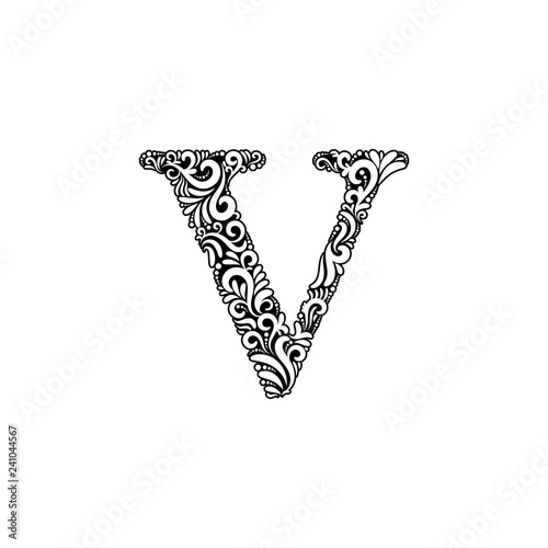 Ornate Letter V - Beautifully detailed letter V isolated on white background