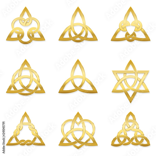 Celtic triangle knots. Nine golden symbols used for decoration or golden pendants. Varieties of endless basket weave knots.
