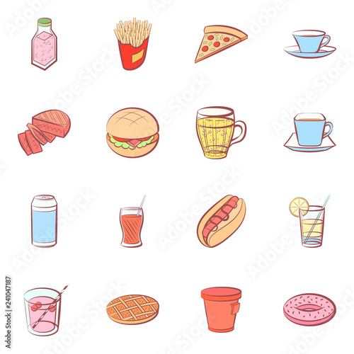 American food and Drinks set. Background for printing, design, web. Usable as icons. Seamless. Colored.