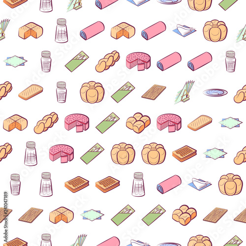 Bakery products and Table setting set. Background for printing, design, web. Usable as icons. Seamless. Colored.
