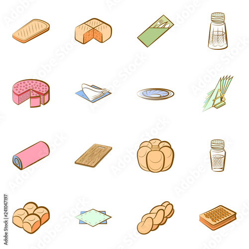 Bakery products and Table setting set. Background for printing, design, web. Usable as icons. Seamless. Colored.